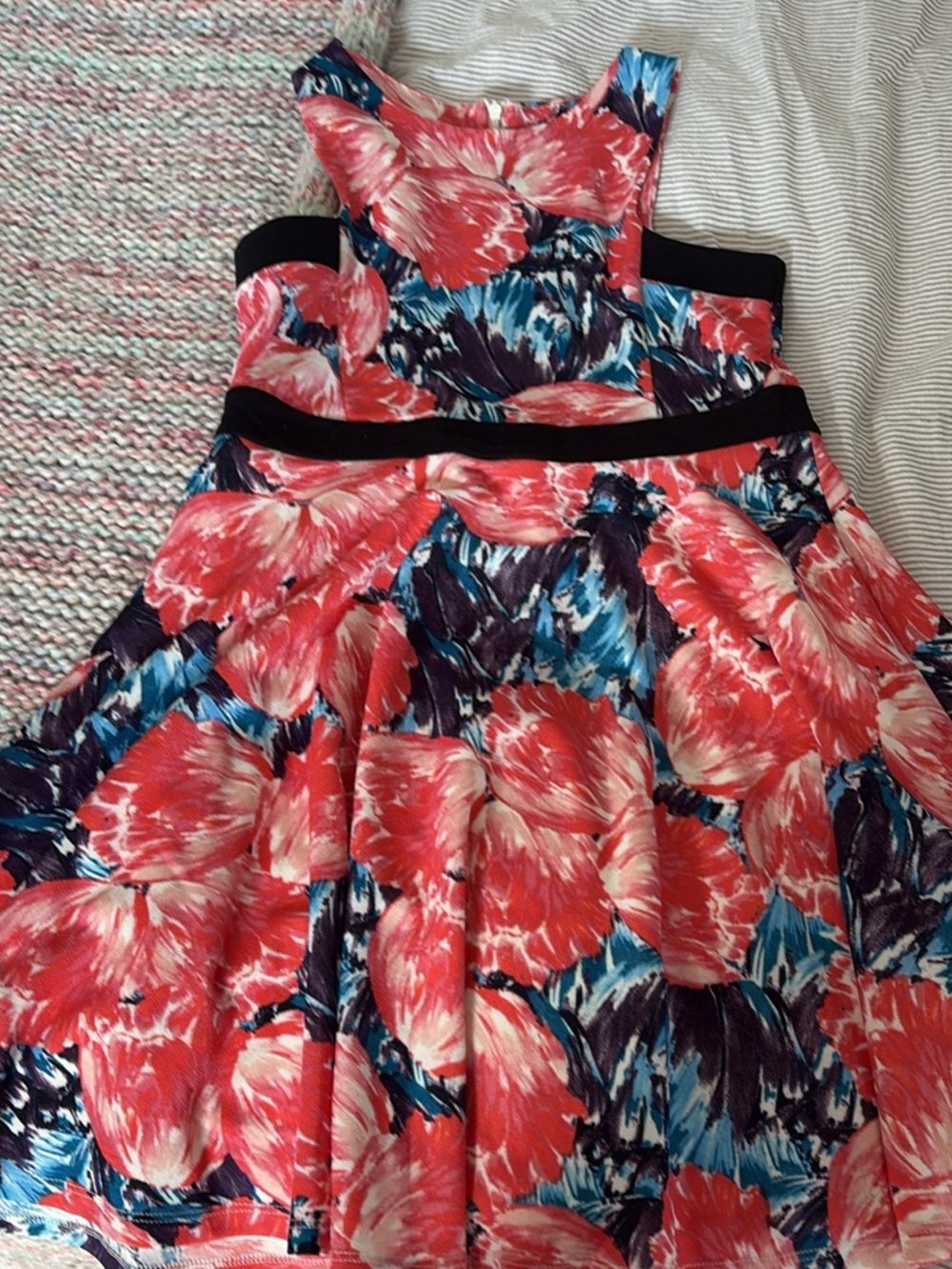 Girls Floral Fit-and-Flare Dress in Coral and Blue